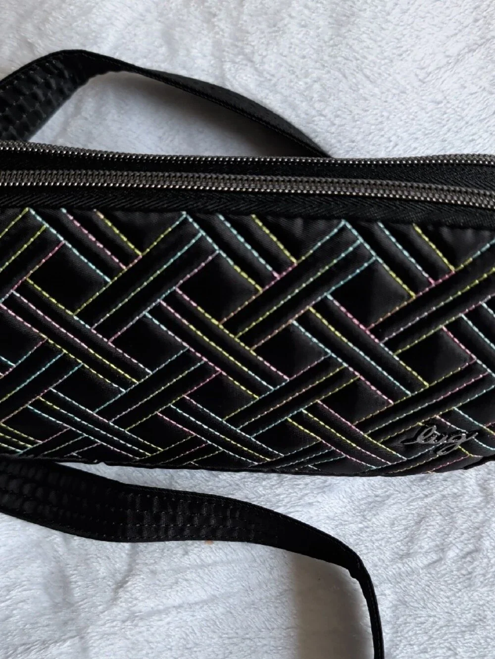 lug Black Crossbody Bag with Multicolor Stitching